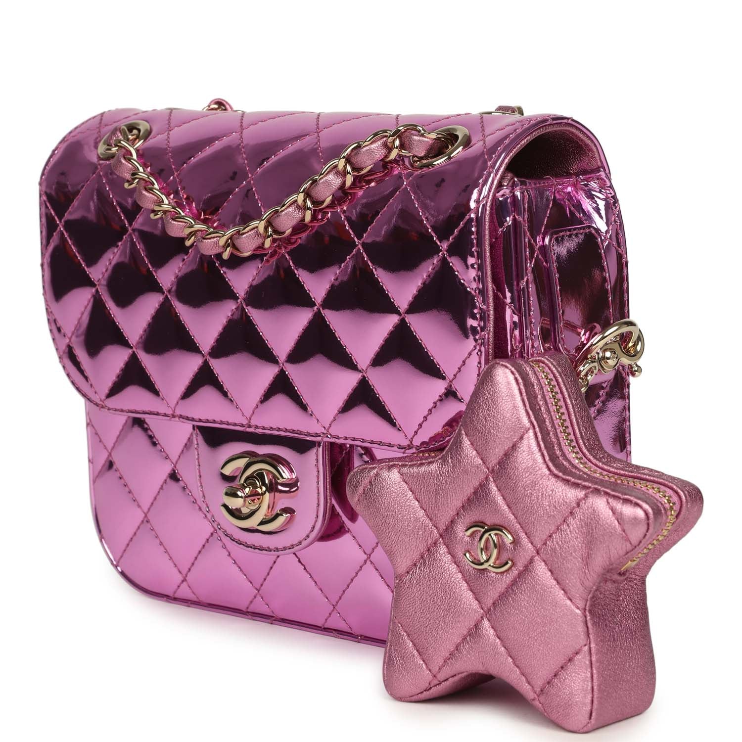 Pre-owned Chanel Mini Flap Bag and Star Coin Purse Pink Mirror Calfskin and Metallic Calfskin Light Gold Hardware