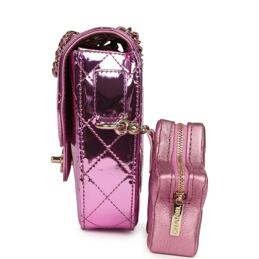 Pre-owned Chanel Mini Flap Bag and Star Coin Purse Pink Mirror Calfskin and Metallic Calfskin Light Gold Hardware