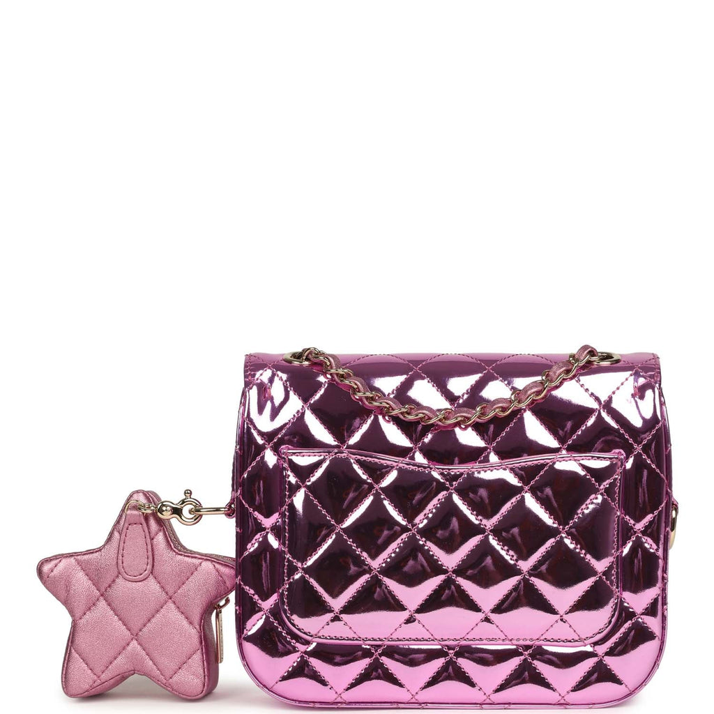 Pre-owned Chanel Mini Flap Bag and Star Coin Purse Pink Mirror Calfskin and Metallic Calfskin Light Gold Hardware