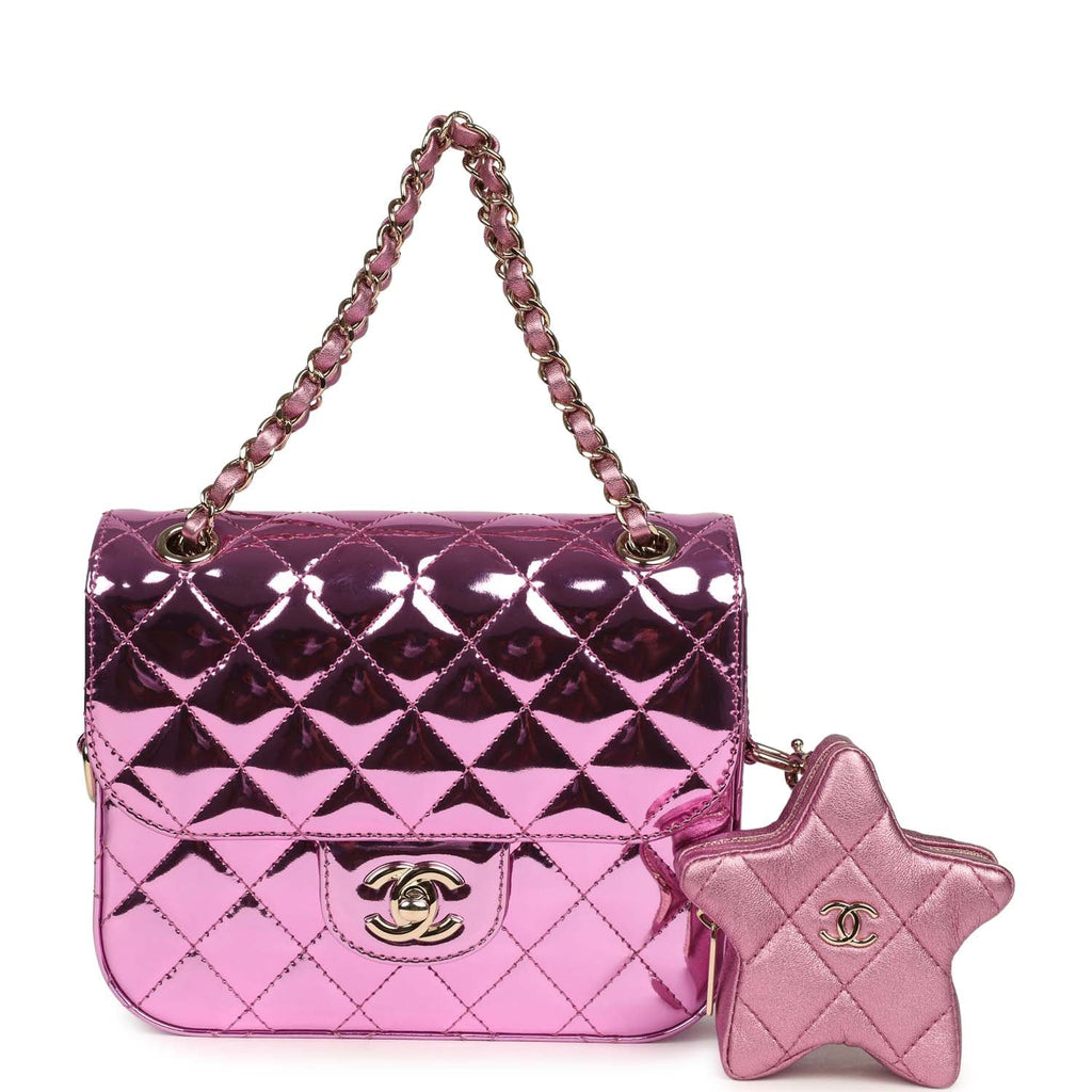 Pre-owned Chanel Mini Flap Bag and Star Coin Purse Pink Mirror Calfskin and Metallic Calfskin Light Gold Hardware