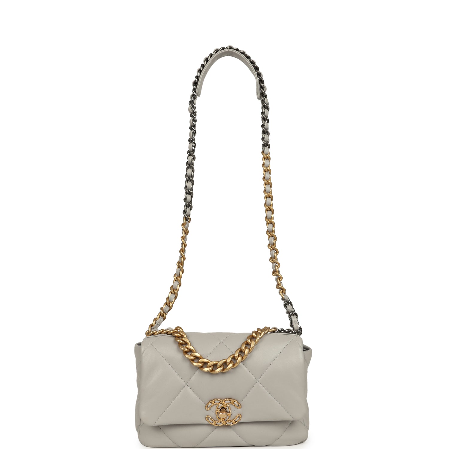 Pre-owned Chanel Medium 19 Flap Bag Grey Shiny Lambskin Mixed Metal Hardware