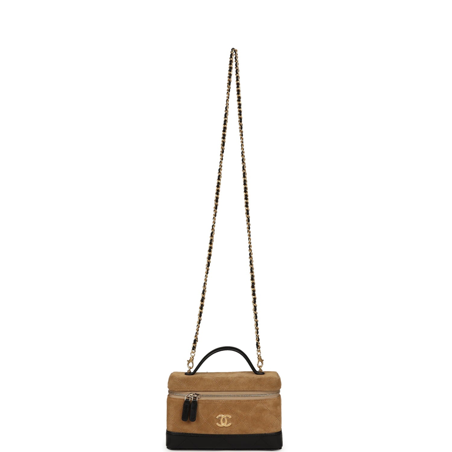 Chanel Coco Base Top Handle Long Vanity Case with Chain Brown Suede and Black Shiny Lambskin Antique Gold Hardware