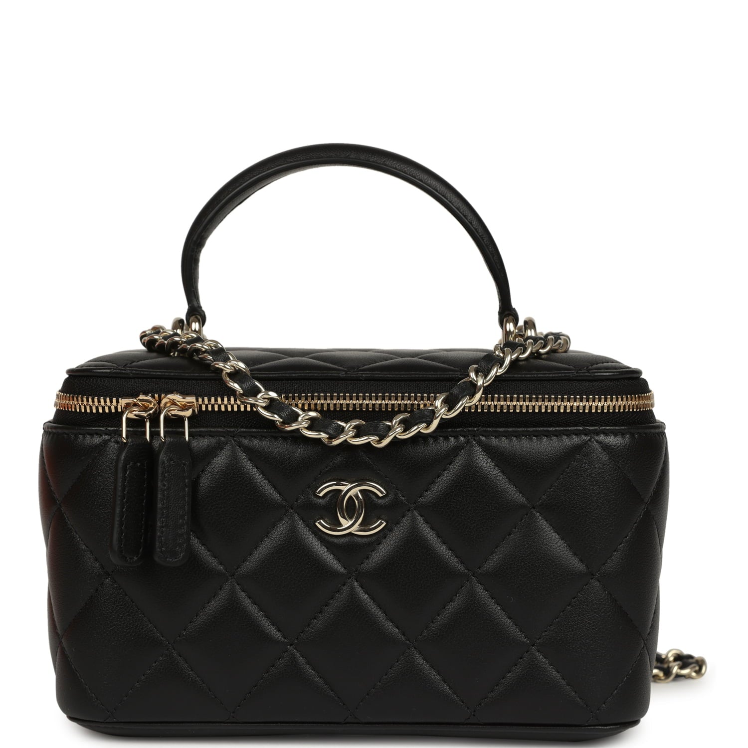 Chanel Small Top Handle Vanity Case Black Lambskin Light Gold Hardware