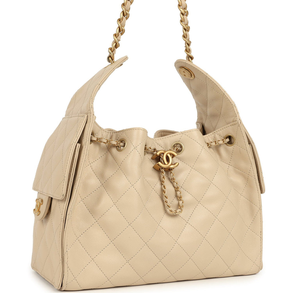 Pre-owned Chanel Small 25 Hobo Bag Beige Caviar Antique Gold Hardware