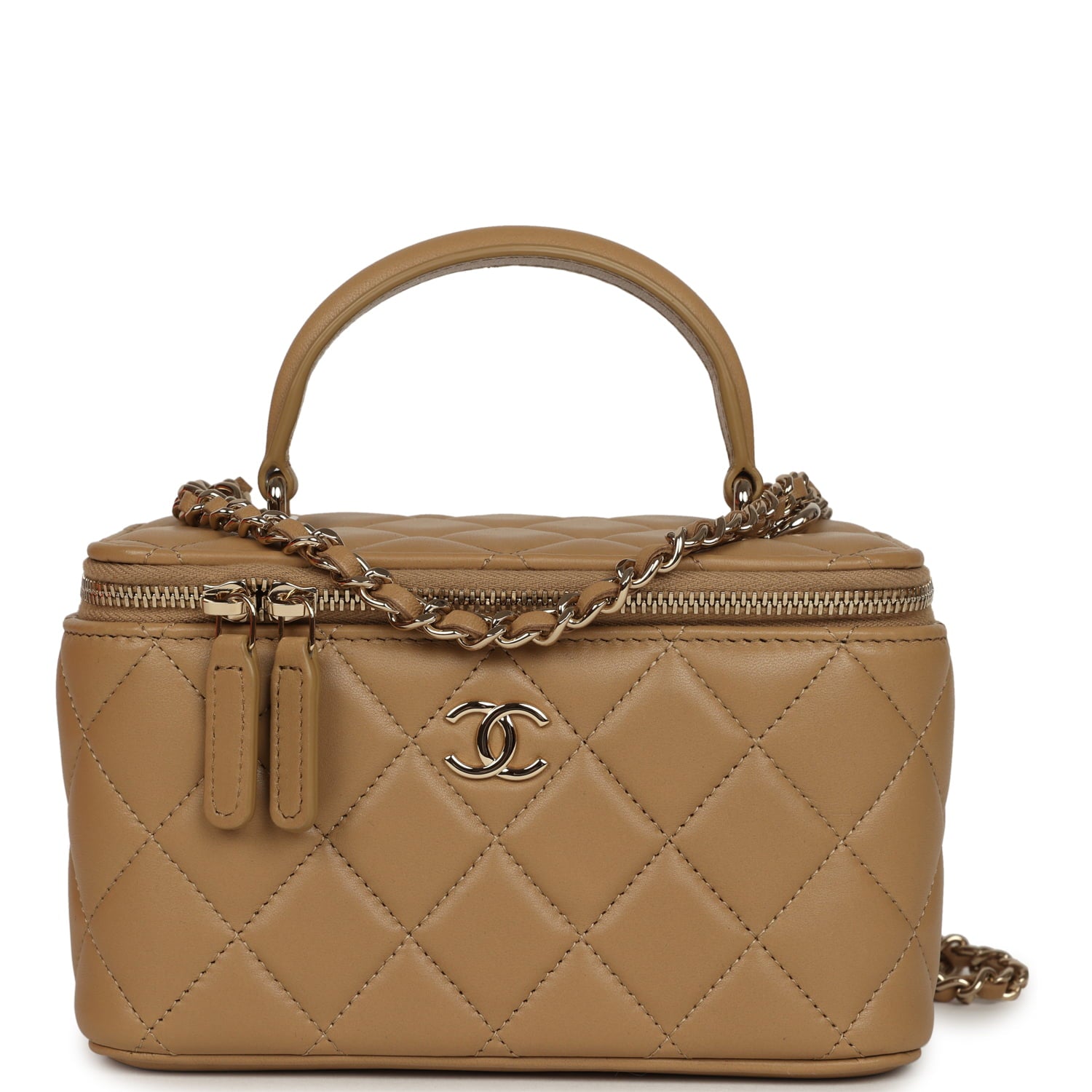 Chanel Small Top Handle Vanity Case Dark Beige Lambskin Light Gold Hardware
