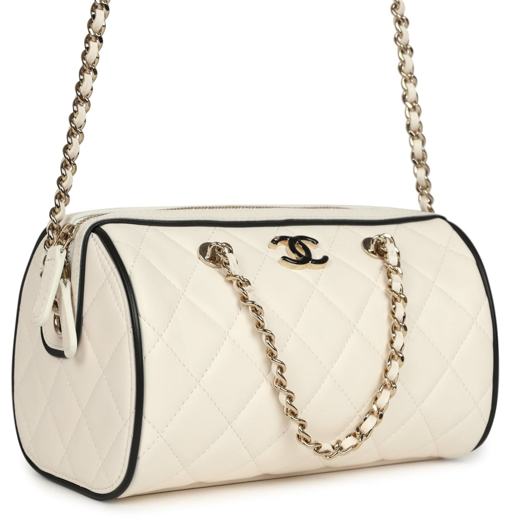Chanel Mini Timeless Classic Barrel Bag with Chain White and Black Lambskin Light Gold Hardware