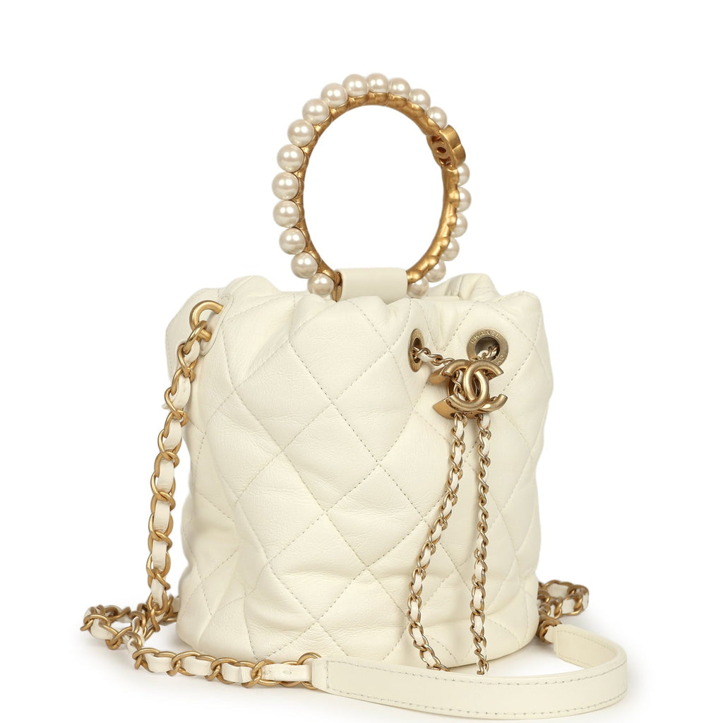 Pre-owned Chanel Mini Pearl Top Handle Bucket Bag White Calfskin Antique Gold Hardware