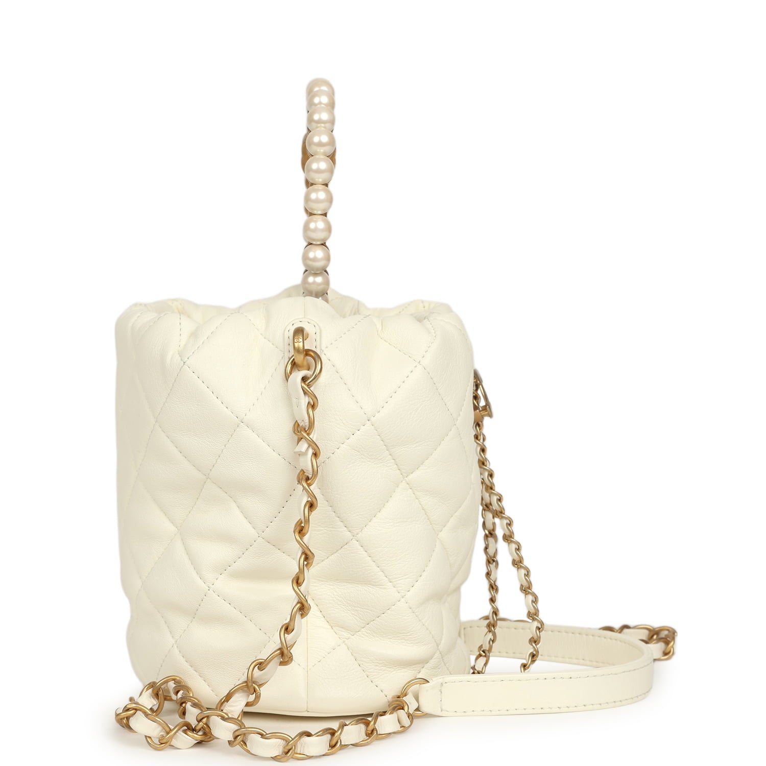 Pre-owned Chanel Mini Pearl Top Handle Bucket Bag White Calfskin Antique Gold Hardware
