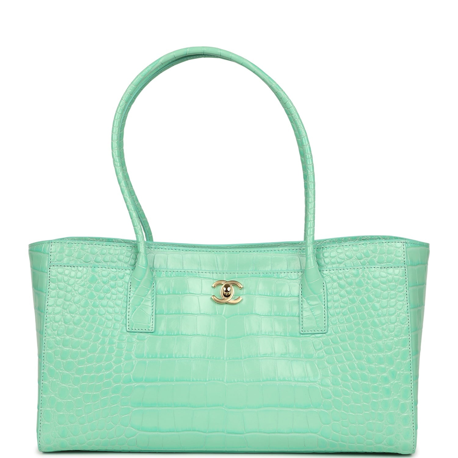 Chanel Small Cerf Shopping Bag Teal Croc Embossed Calfskin Gold Hardware