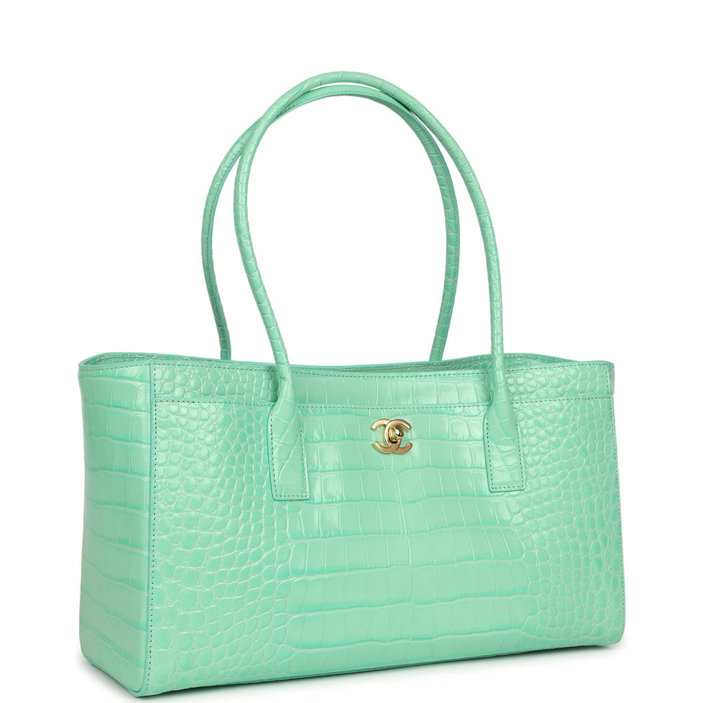 Chanel Small Cerf Shopping Bag Teal Croc Embossed Calfskin Gold Hardware