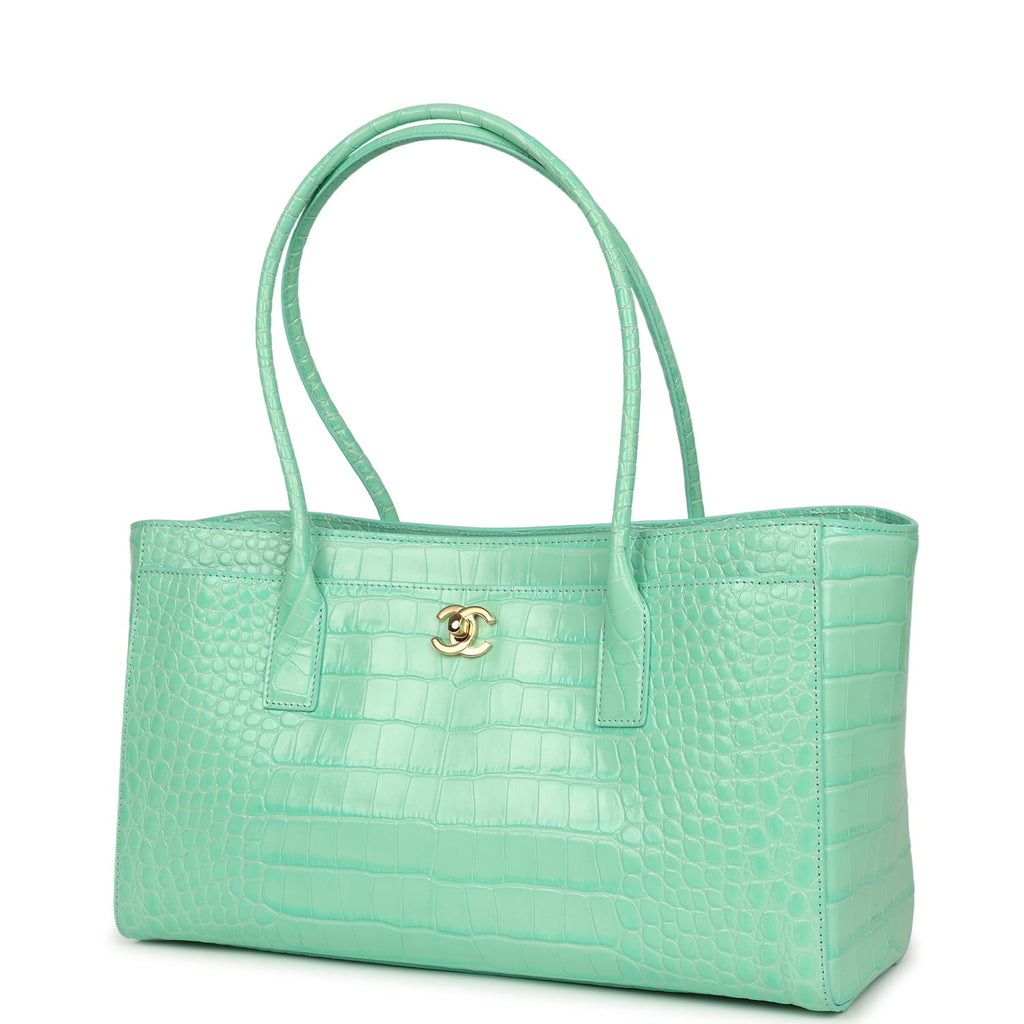 Chanel Small Cerf Shopping Bag Teal Croc Embossed Calfskin Gold Hardware