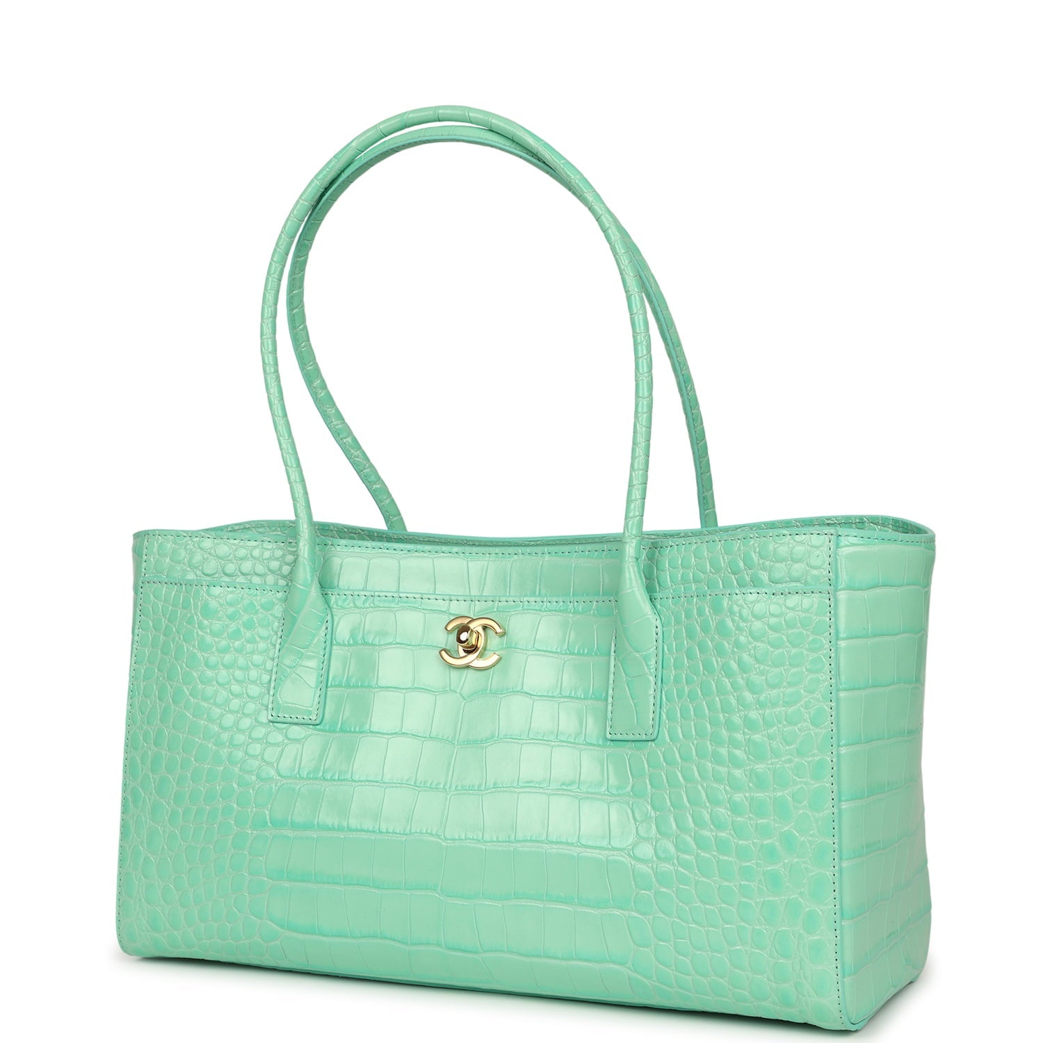 Chanel Small Cerf Shopping Bag Teal Croc Embossed Calfskin Gold Hardware