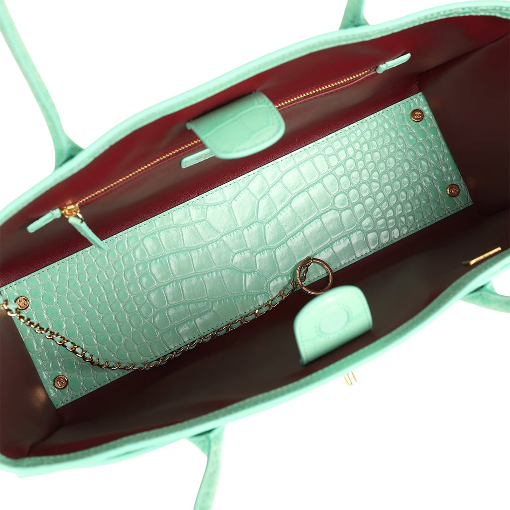 Chanel Small Cerf Shopping Bag Teal Croc Embossed Calfskin Gold Hardware