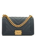 Chanel Medium Boy Bag Dark Grey Chevron Caviar Antique Gold Hardware