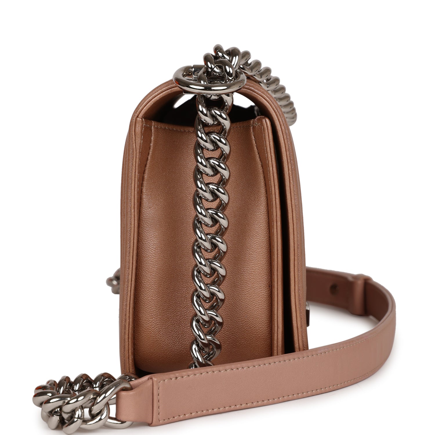 Chanel Medium Boy Bag Metallic Rose Gold Lambskin Silver Hardware