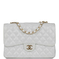 Chanel Jumbo Classic Single Flap Bag White Glitter Patent Leather Gold Hardware