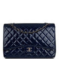 Chanel Maxi Classic Single Flap Bag Dark Blue Patent Silver Hardware