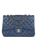 Chanel Jumbo Classic Single Flap Bag Blue Lambskin Brushed Gold Hardware