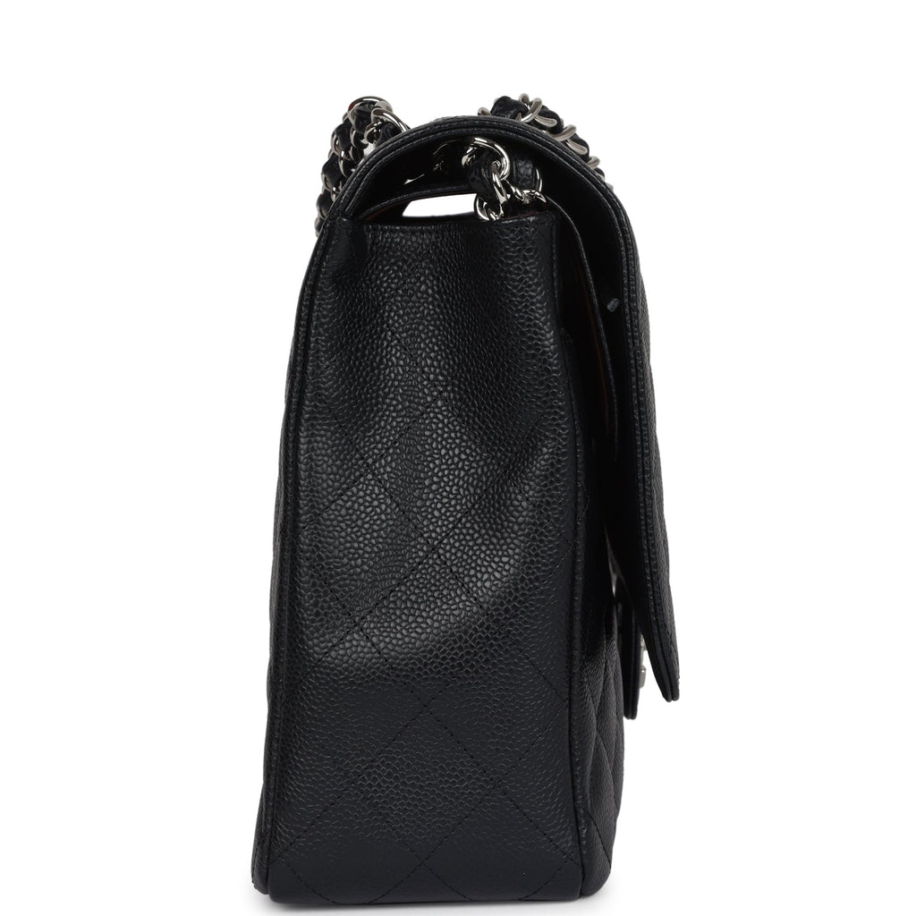 Chanel Maxi Classic Double Flap Bag Black Caviar Silver Hardware