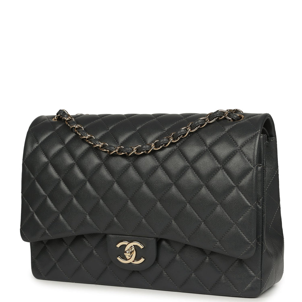 Pre-owned Chanel Maxi Classic Double Flap Bag Dark Grey Shiny Caviar Light Gold Hardware