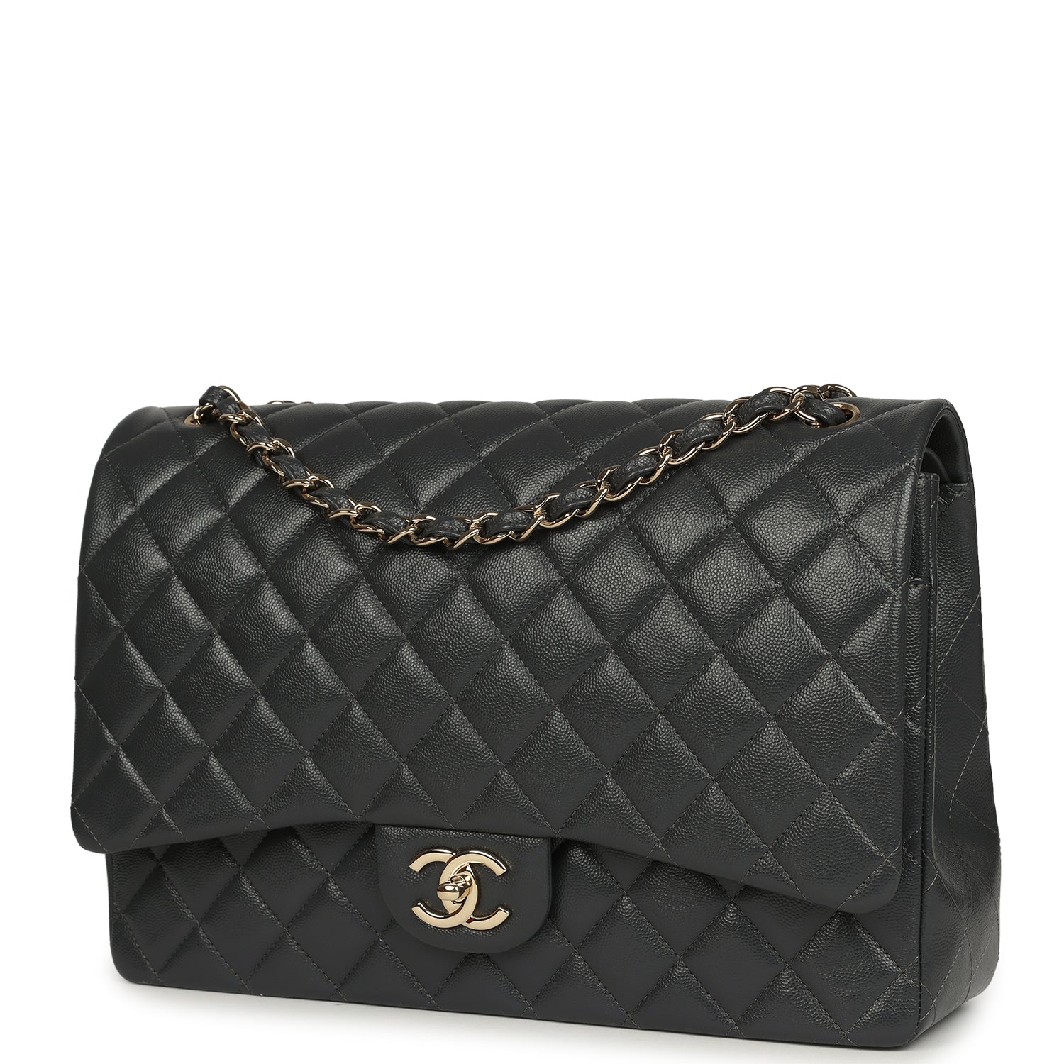 Pre-owned Chanel Maxi Classic Double Flap Bag Dark Grey Shiny Caviar Light Gold Hardware