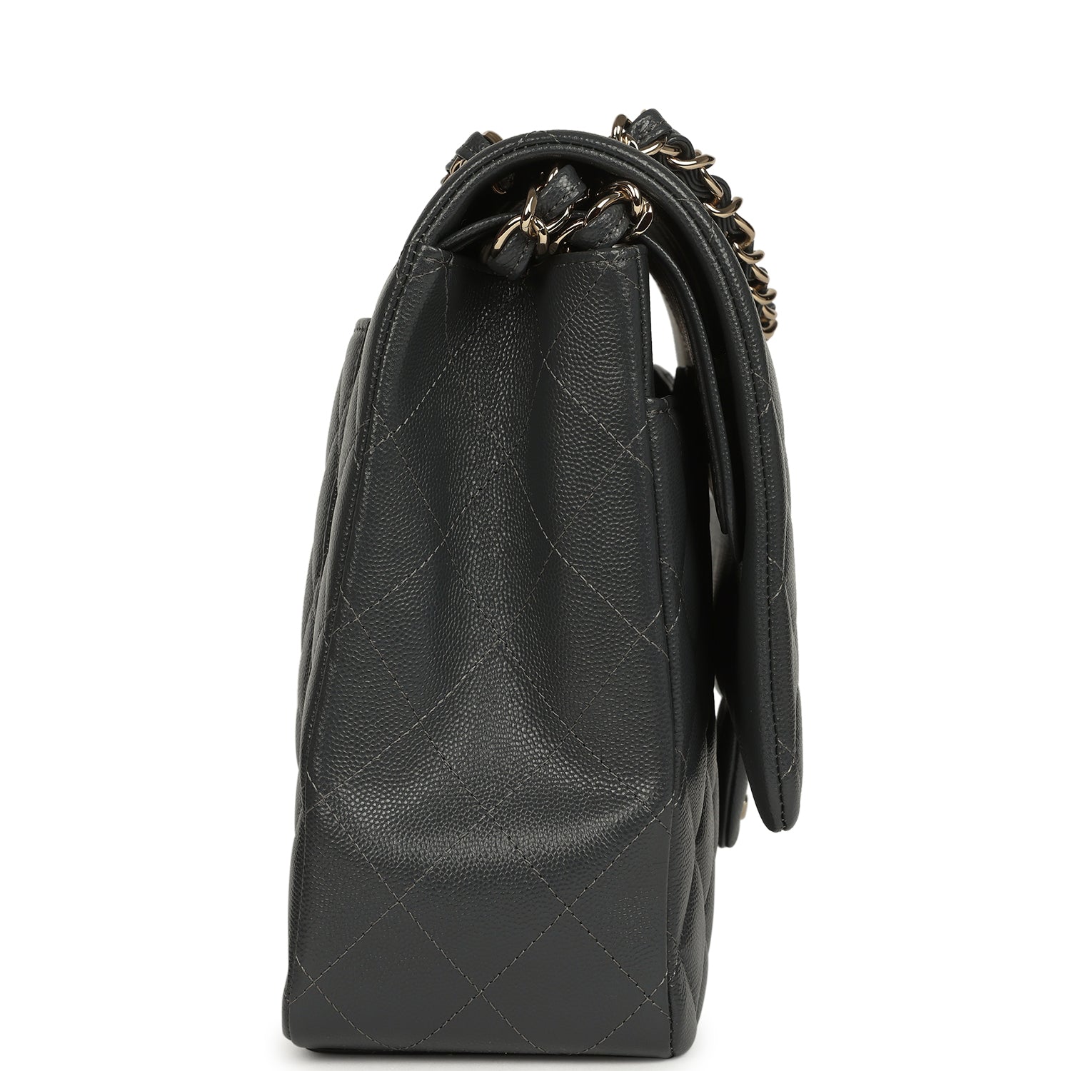 Pre-owned Chanel Maxi Classic Double Flap Bag Dark Grey Shiny Caviar Light Gold Hardware