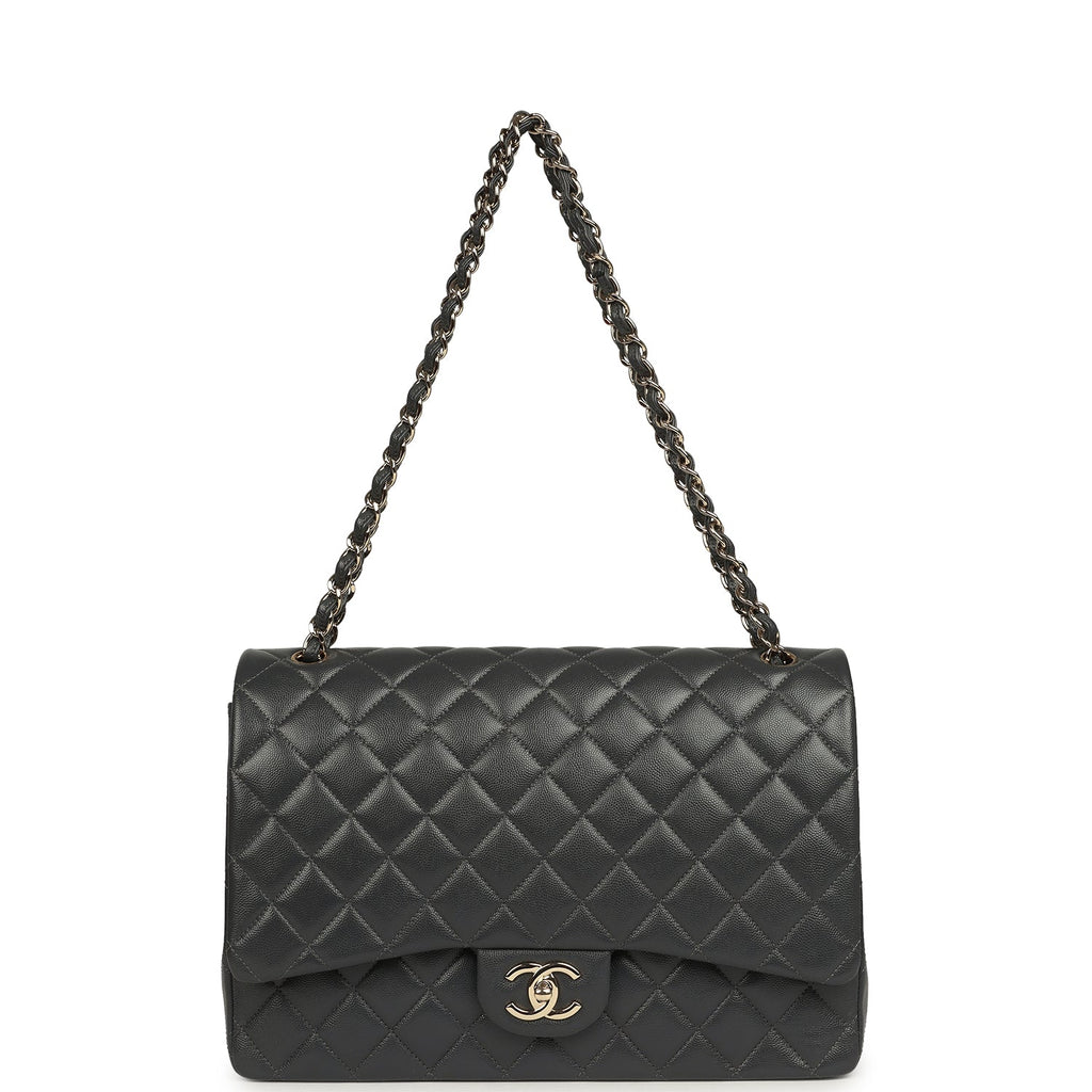 Pre-owned Chanel Maxi Classic Double Flap Bag Dark Grey Shiny Caviar Light Gold Hardware