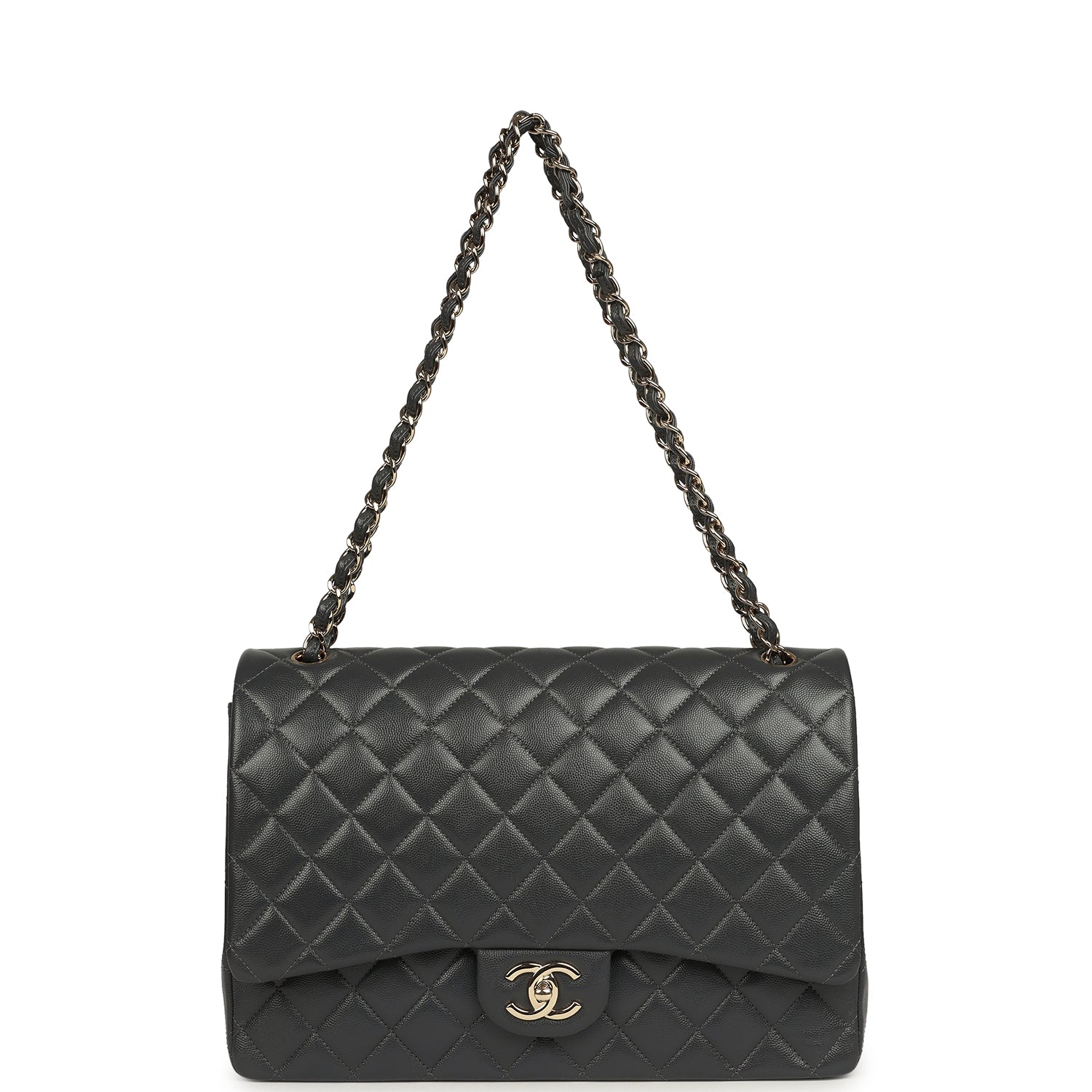 Pre-owned Chanel Maxi Classic Double Flap Bag Dark Grey Shiny Caviar Light Gold Hardware
