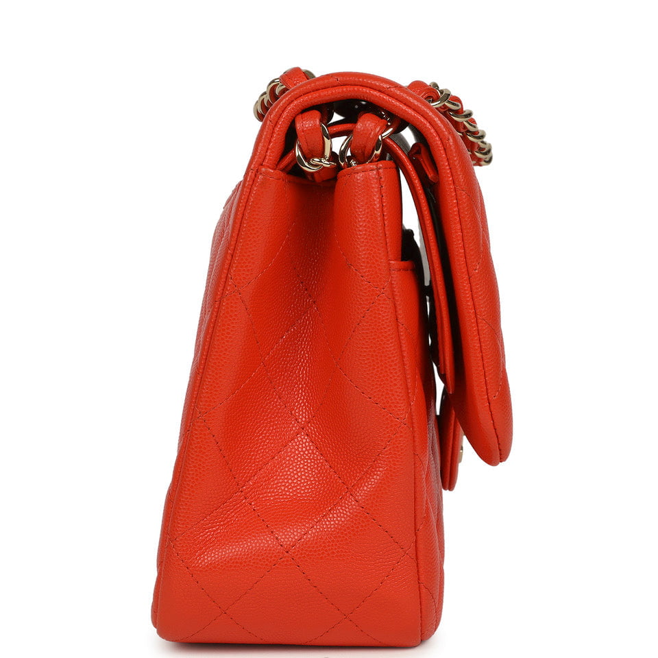 Pre-owned Chanel Jumbo Classic Double Flap Bag Dark Orange Shiny Caviar Light Gold Hardware