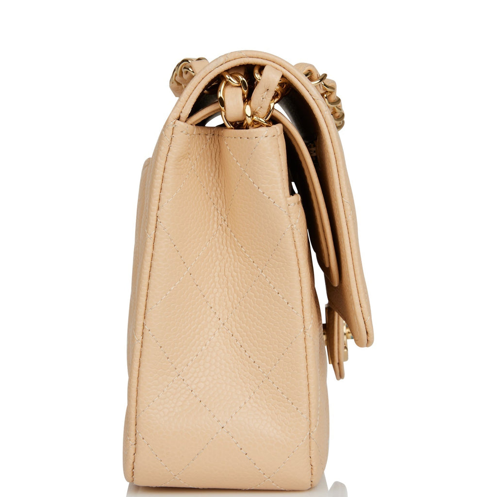 Chanel Medium Classic Double Flap Bag Beige Quilted Caviar Gold Hardware