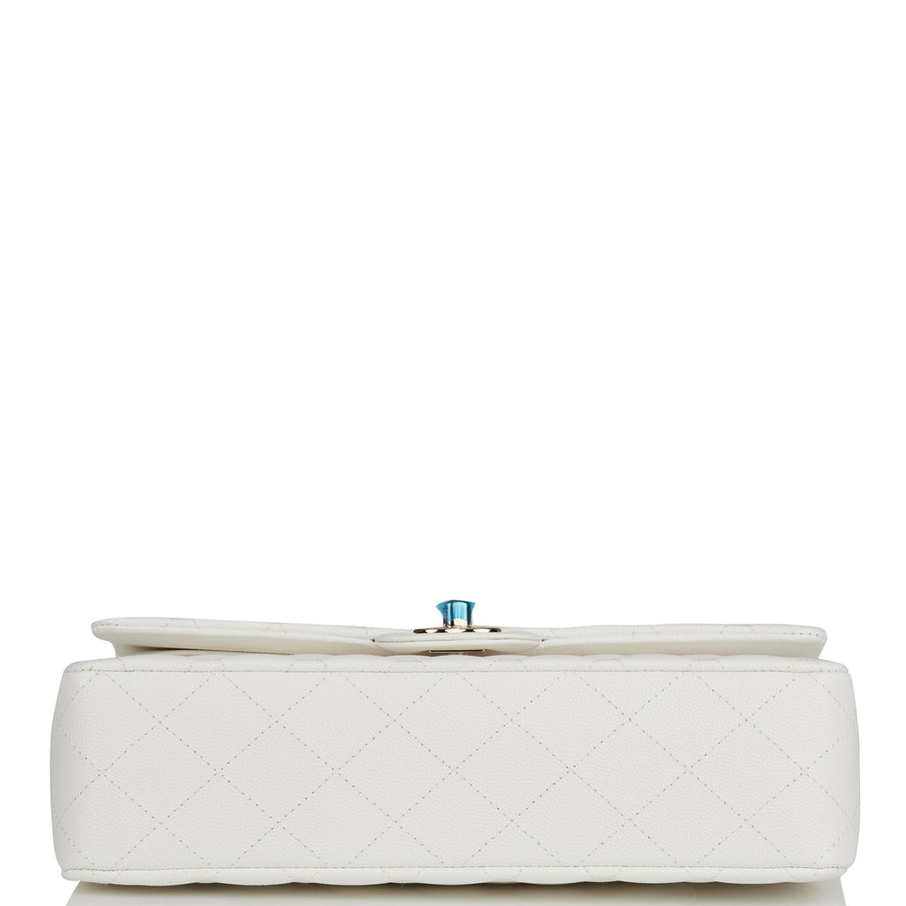 Chanel Medium Classic Double Flap Bag White Quilted Caviar Light Gold Hardware