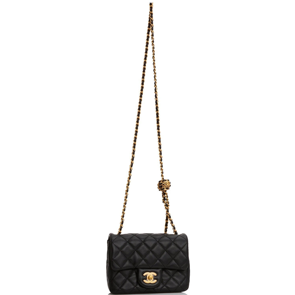 Chanel Pearl Crush Mini Square Flap Bag Black Lambskin Antique Gold Hardware