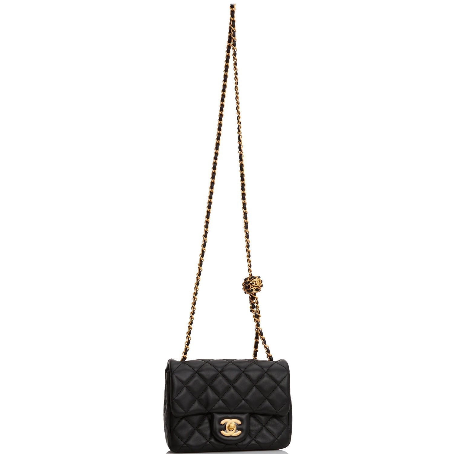 Chanel Pearl Crush Mini Square Flap Bag Black Lambskin Antique Gold Hardware