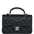 Chanel Mini Rectangular Flap Bag with Top Handle Dark Blue Lambskin Light Gold Hardware