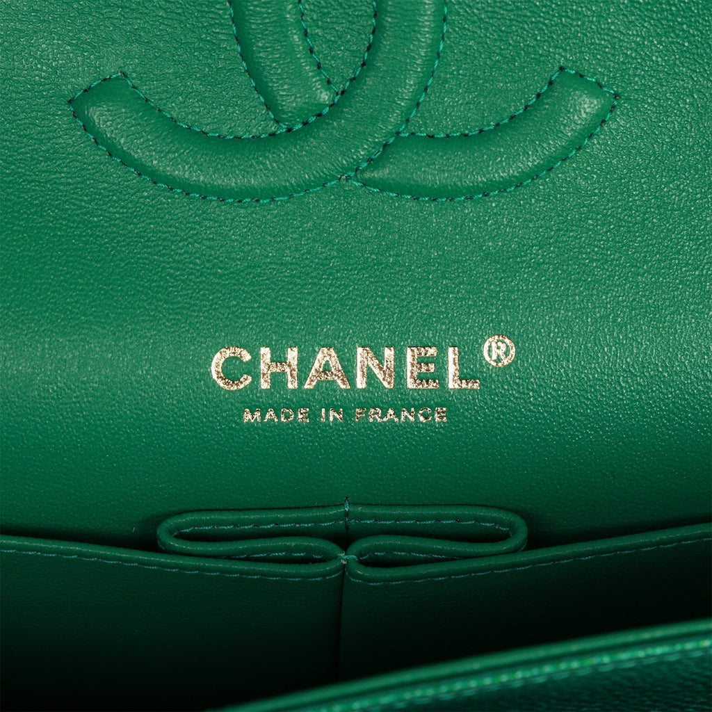 Chanel Medium Classic Double Flap Bag Green Metallic Caviar Light Gold Hardware