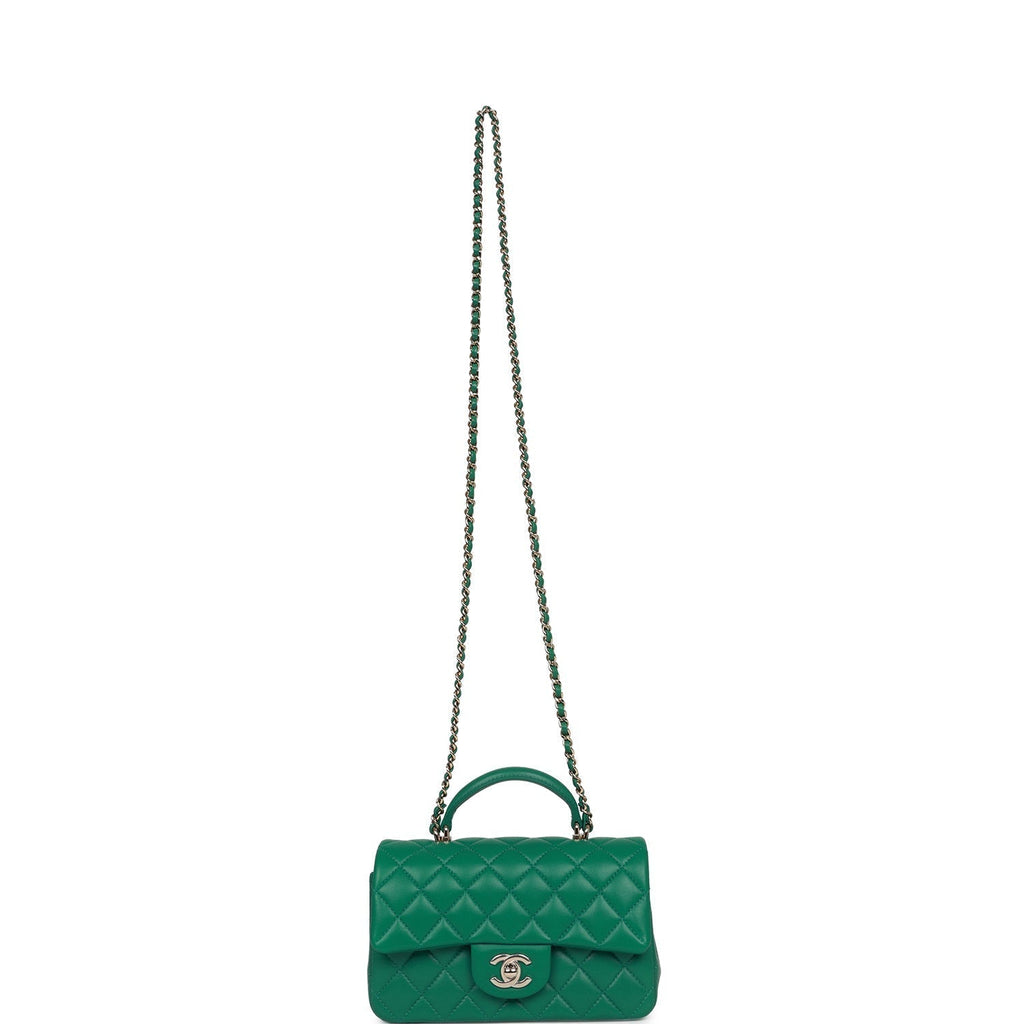 Chanel Mini Rectangular Flap with Top Handle Green Lambskin Light Gold Hardware