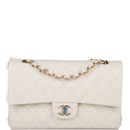 Chanel White Quilted Caviar Medium Classic Double Flap Bag Light Gold Hardware