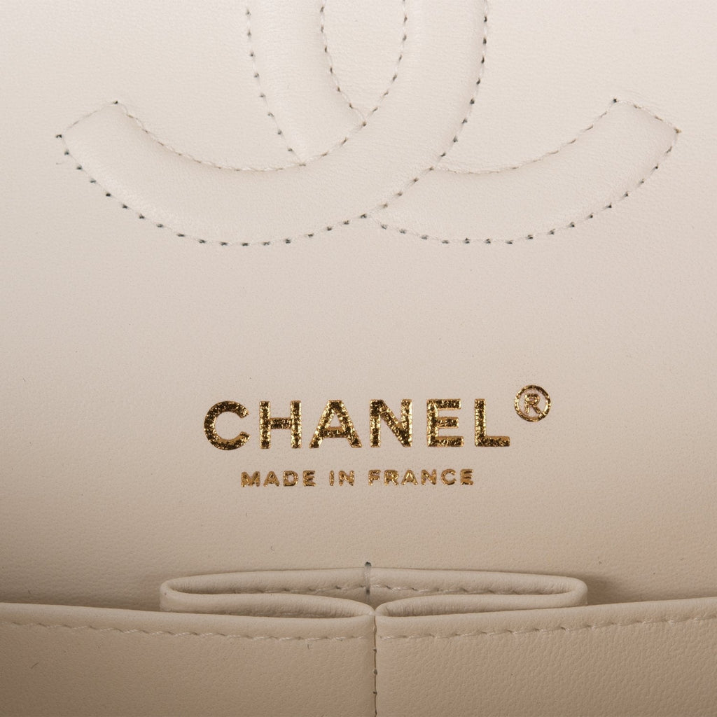 Chanel White Quilted Caviar Medium Classic Double Flap Bag Light Gold Hardware