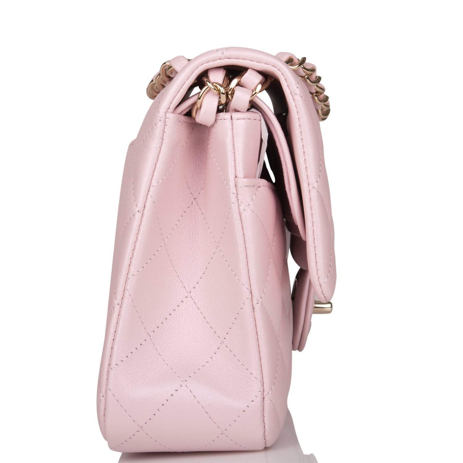Chanel Medium Classic Double Flap Bag Pink Iridescent Lambskin Light Gold Hardware
