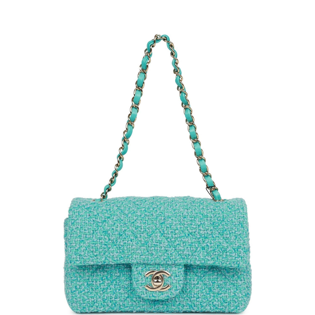 Chanel Mini Rectangular Flap Bag Blue Tweed Light Gold Hardware