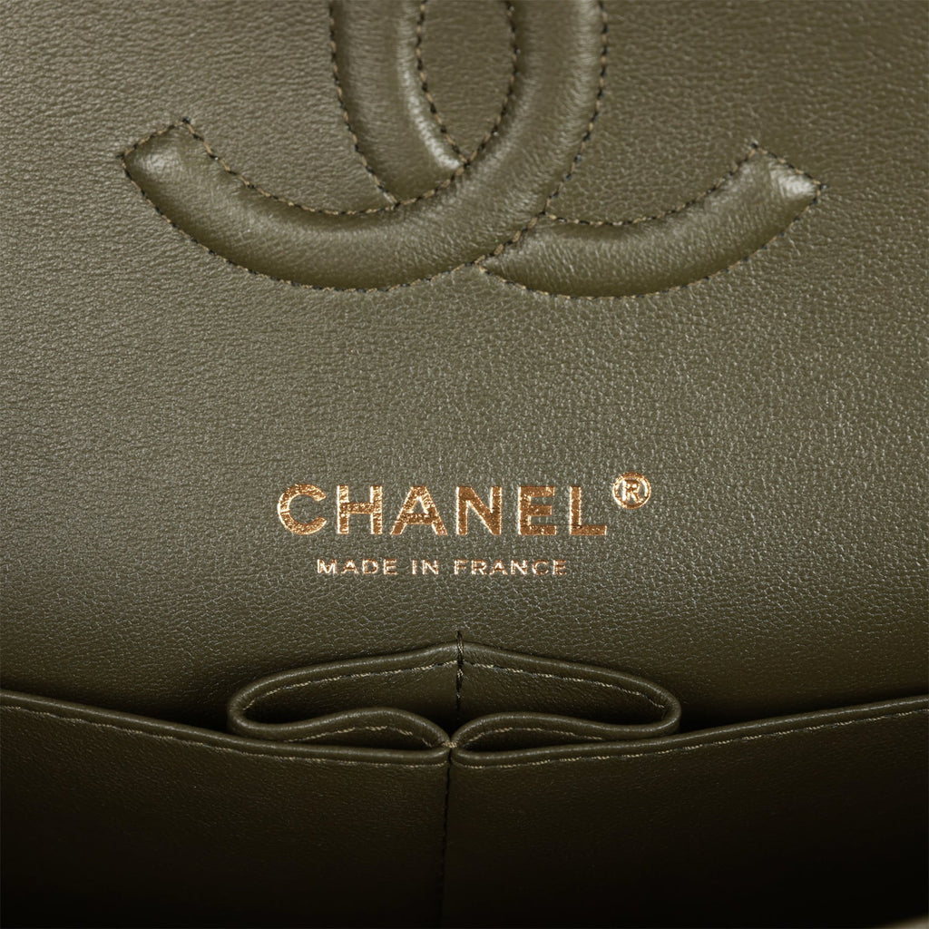 Chanel Medium Classic Double Flap Bag Olive Calfskin Light Gold Hardware
