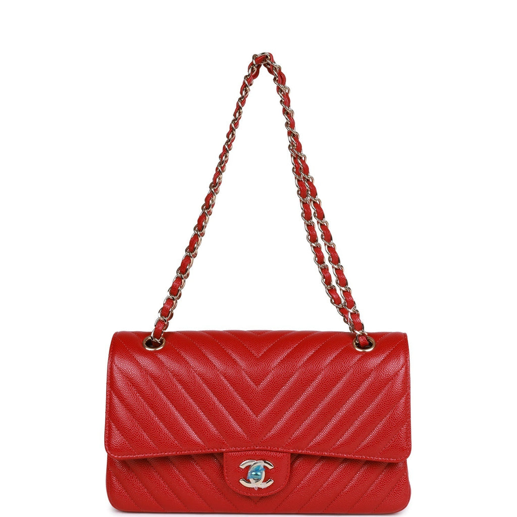 Chanel Medium Classic Double Flap Bag Red Chevron Caviar Light Gold Hardware