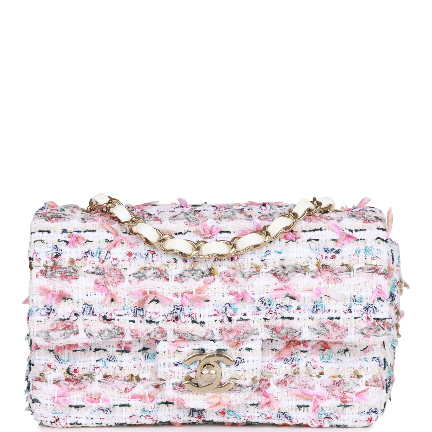 Chanel Mini Rectangular Flap Bag White Tweed Light Gold Hardware