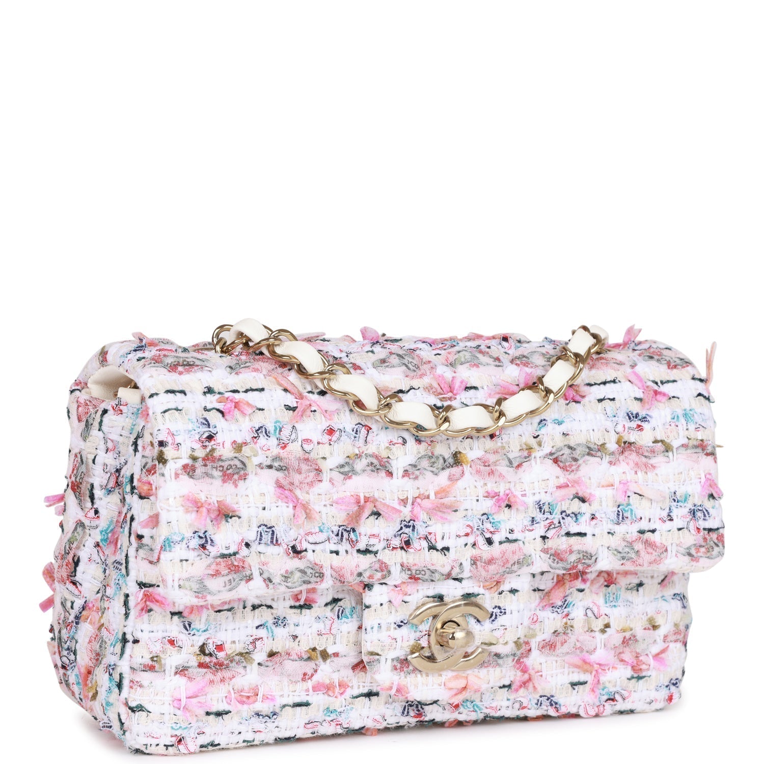 Chanel Mini Rectangular Flap Bag White Tweed Light Gold Hardware