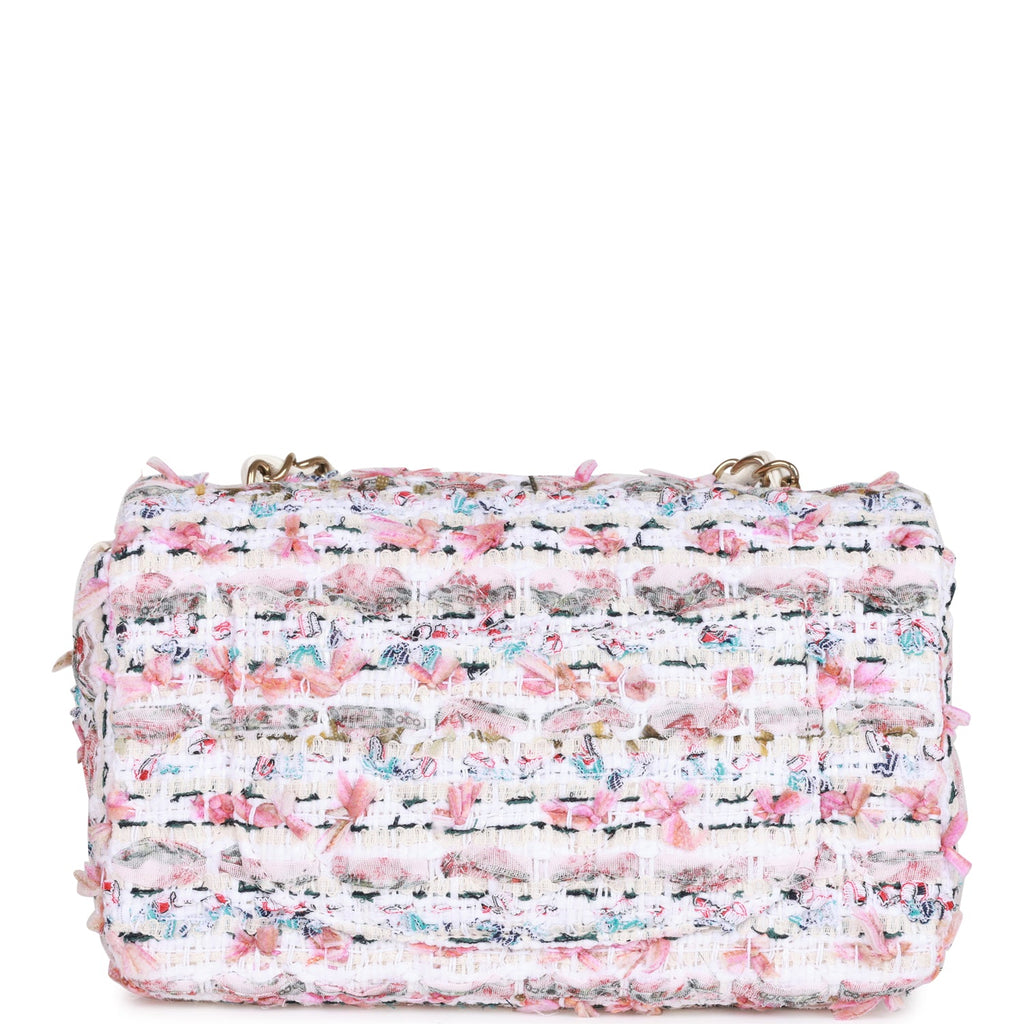 Chanel Mini Rectangular Flap Bag White Tweed Light Gold Hardware