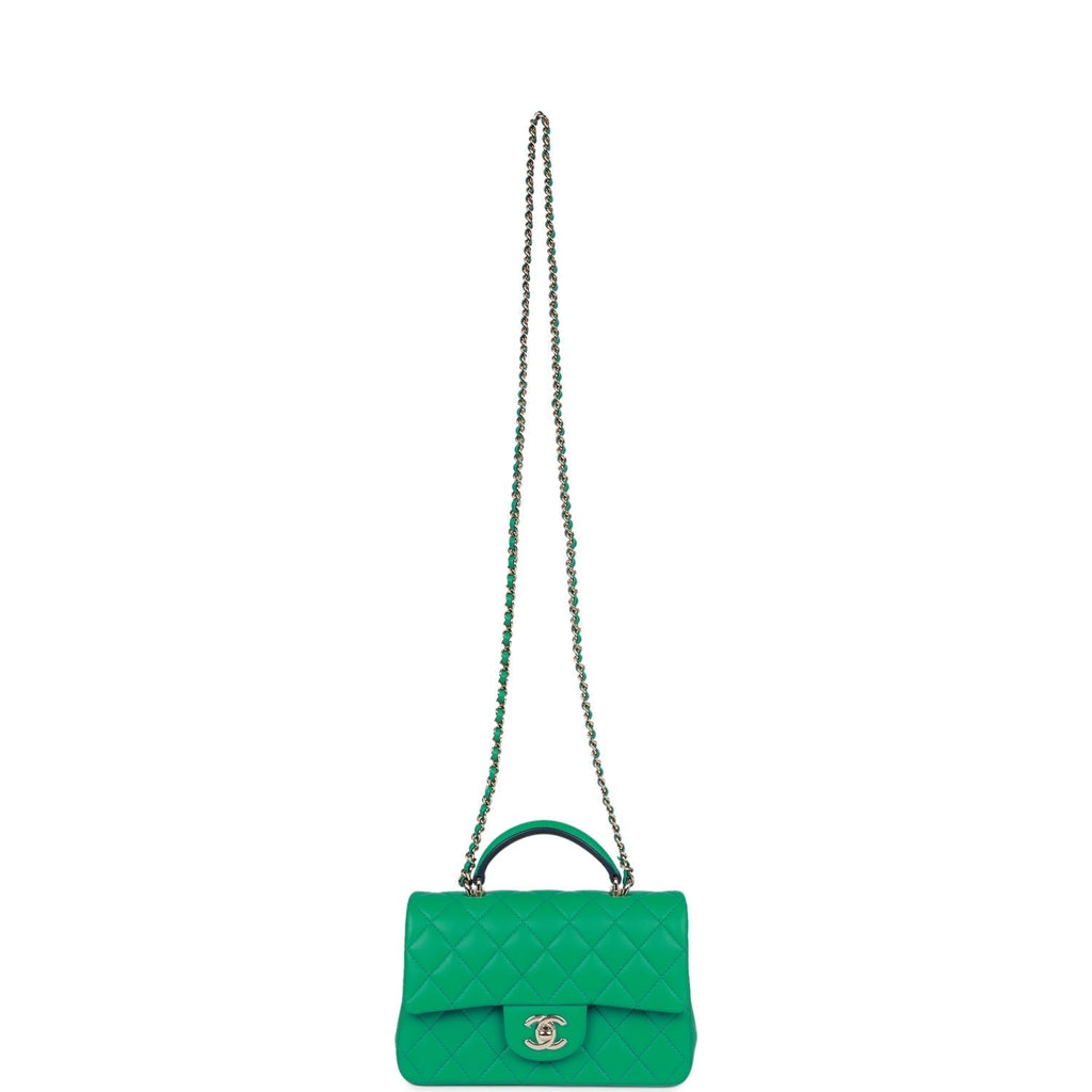 Chanel Mini Rectangular Flap with Top Handle Green and Navy Blue Lambskin Light Gold Hardware