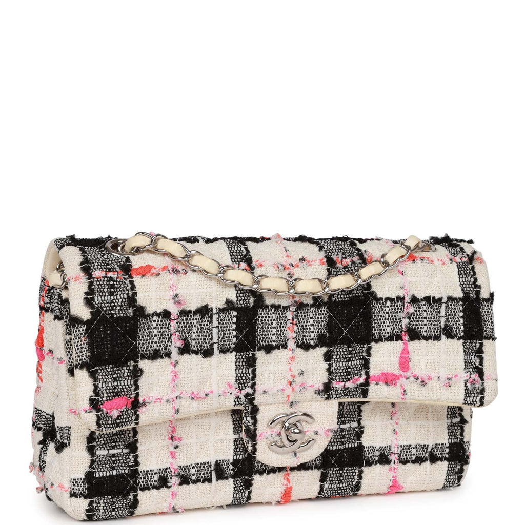 Pre-owned Chanel Medium Classic Double Flap Bag White, Black, and Pink Tweed Silver Hardware