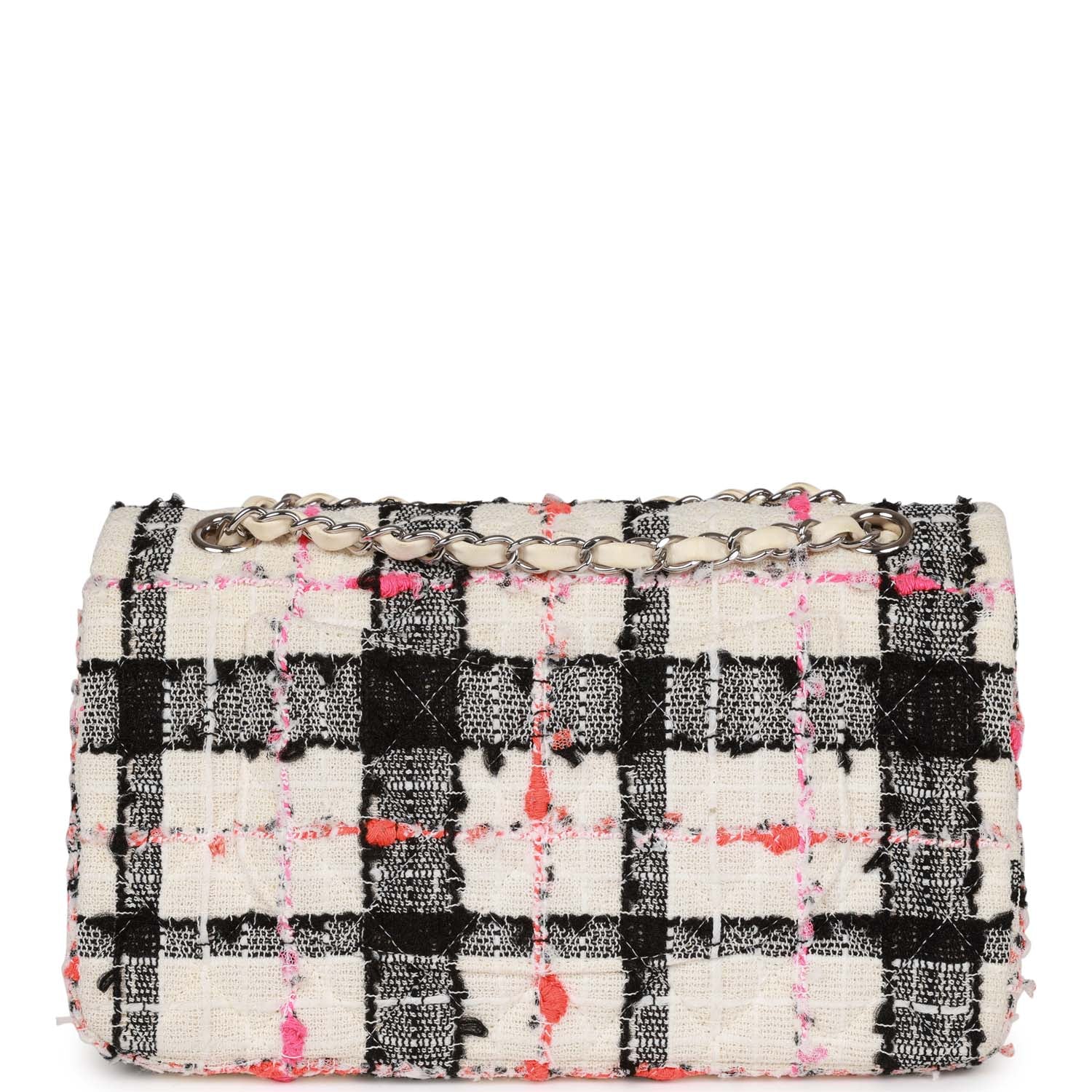 Pre-owned Chanel Medium Classic Double Flap Bag White, Black, and Pink Tweed Silver Hardware