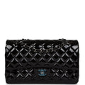 Chanel Medium Classic Double Flap Bag Black Patent Leather Silver Hardware
