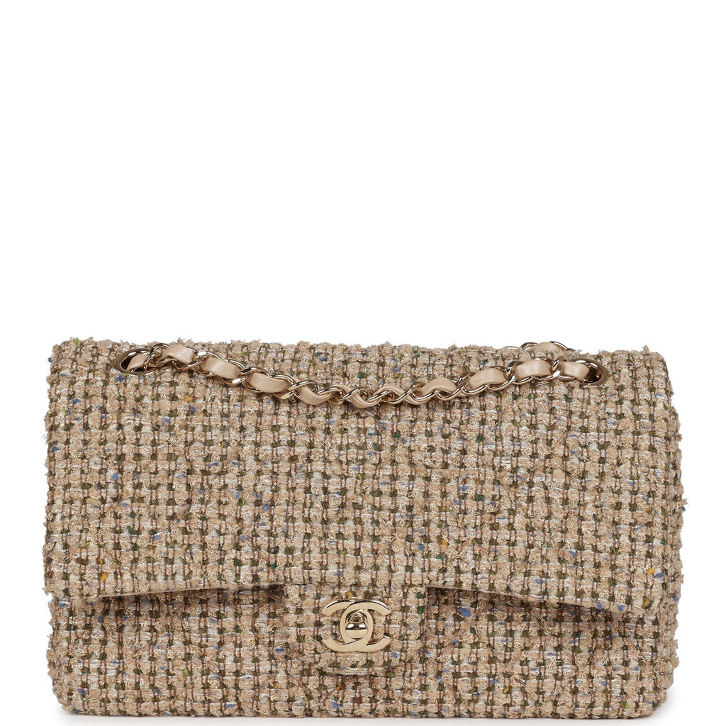 Chanel Medium Classic Double Flap Beige Tweed Gold Hardware